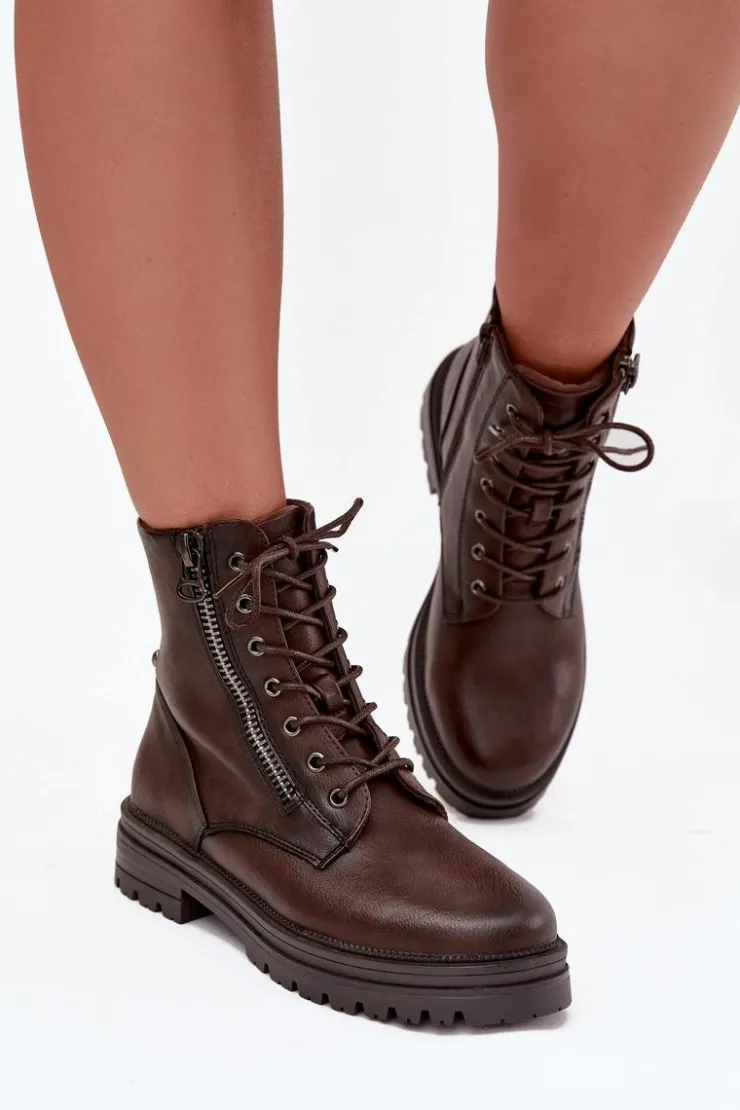 Damskie Boto Botki Workery Damskie Ocieplane Czekoladowe Ivonelle