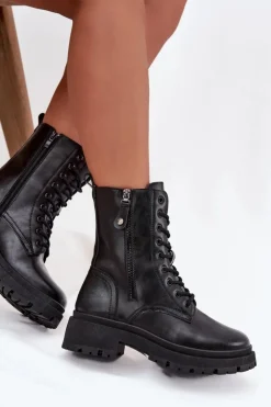 Boto Botki Ocieplane|Botki Sznurowane*Botki Workery Damskie Ocieplane Z Podwójnym Zamkiem Czarne Perlina