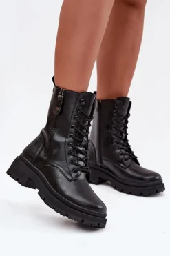 Boto Botki Ocieplane|Botki Sznurowane*Botki Workery Damskie Ocieplane Z Podwójnym Zamkiem Czarne Perlina