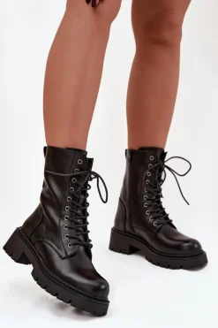 Boto Botki Ocieplane|Botki Sznurowane*Botki Workery Damskie Z Eko Skóry Czarne Calesia