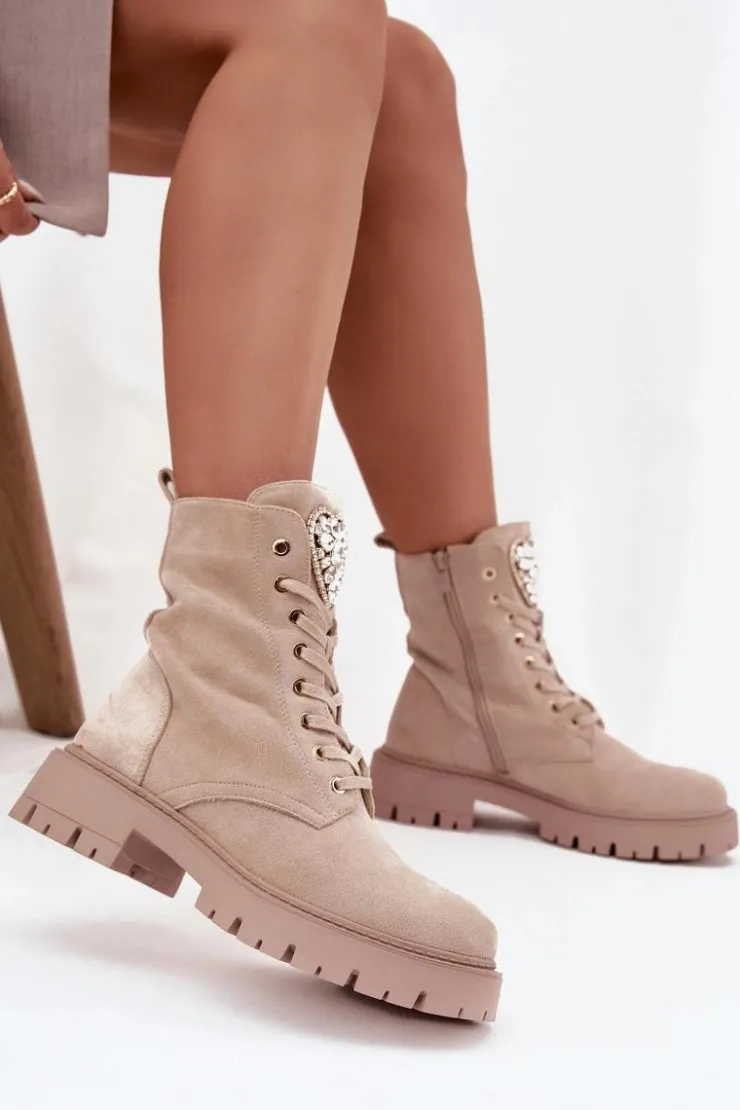 Boto Botki Workery Damskie Z Kryształkami Na Języku Jasnobeżowe Rosira Beżowy