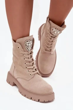 Boto Botki Workery Damskie Z Kryształkami Na Języku Jasnobeżowe Rosira Beżowy