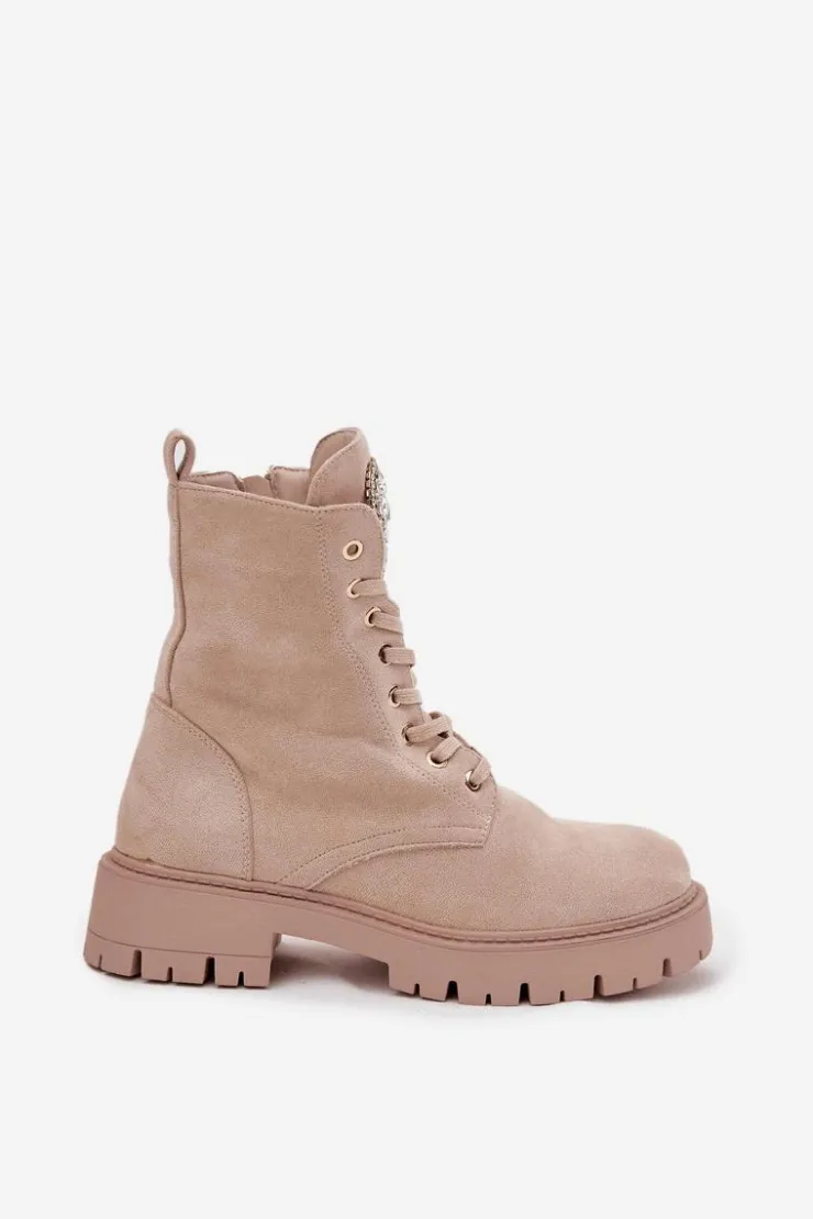 Boto Botki Workery Damskie Z Kryształkami Na Języku Jasnobeżowe Rosira Beżowy