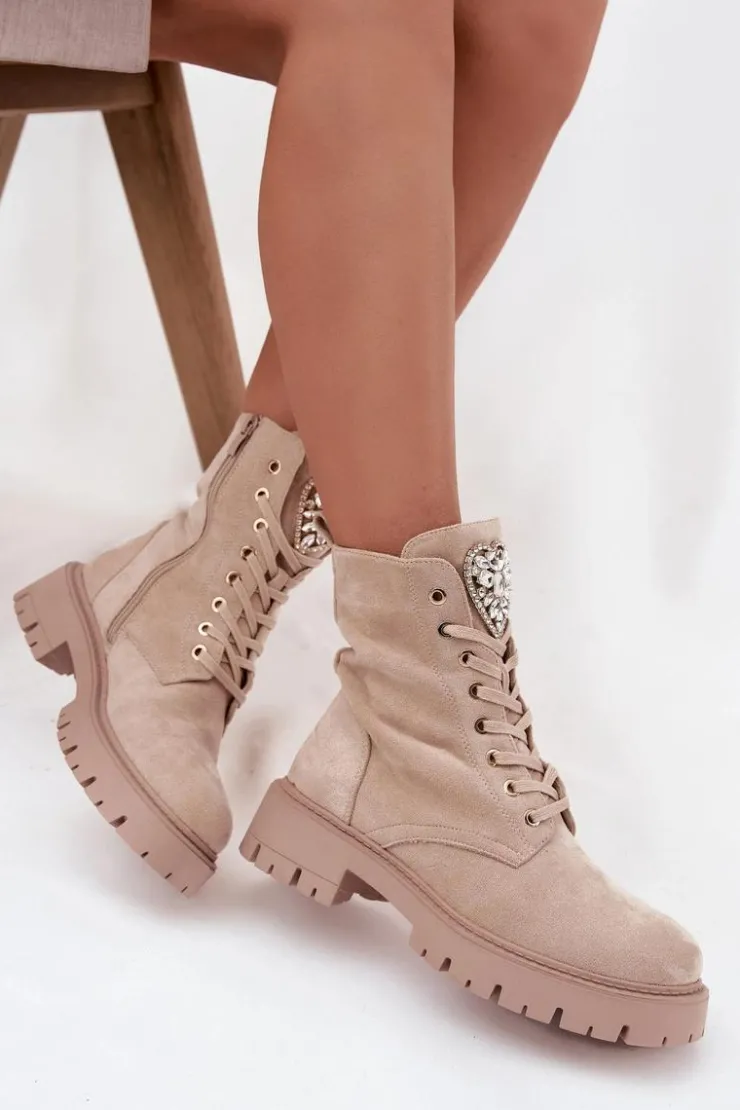Boto Botki Workery Damskie Z Kryształkami Na Języku Jasnobeżowe Rosira Beżowy