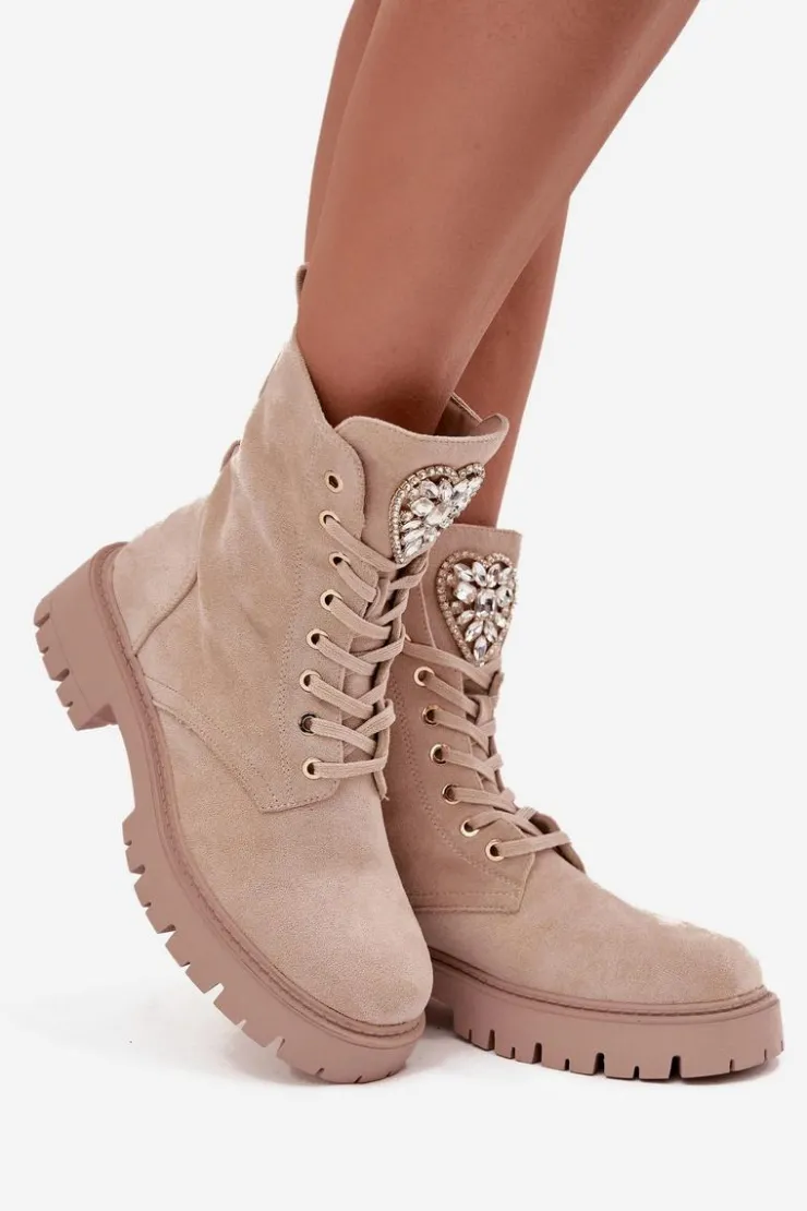 Boto Botki Workery Damskie Z Kryształkami Na Języku Jasnobeżowe Rosira Beżowy