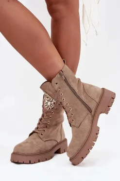 Damskie Boto Botki Workery Damskie Z Kryształkami Na Języku Beżowe Rosira