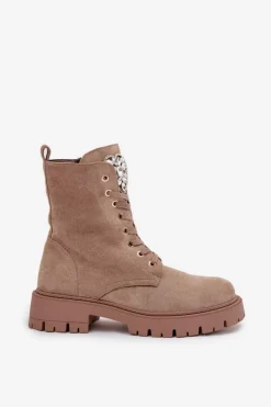 Damskie Boto Botki Workery Damskie Z Kryształkami Na Języku Beżowe Rosira