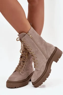 Damskie Zazoo Botki Workery Damskie Z Naturalnego Zamsz Ocieplane 4213 Beżowe