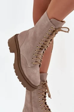 Damskie Zazoo Botki Workery Damskie Z Naturalnego Zamsz Ocieplane 4213 Beżowe