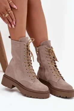 Damskie Zazoo Botki Workery Damskie Z Naturalnego Zamsz Ocieplane 4213 Beżowe