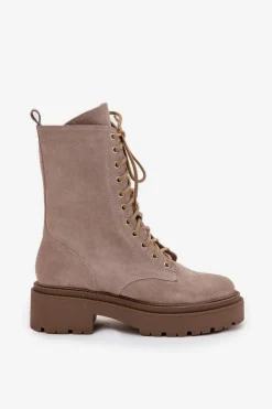 Damskie Zazoo Botki Workery Damskie Z Naturalnego Zamsz Ocieplane 4213 Beżowe