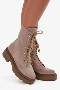 Damskie Zazoo Botki Workery Damskie Z Naturalnego Zamsz Ocieplane 4213 Beżowe