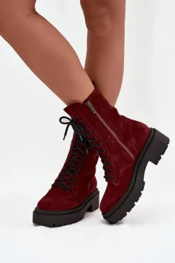 Zazoo Botki Ocieplane|Botki Skórzane*Botki Workery Damskie Z Naturalnego Zamsz Ocieplane 4213 Bordowe Czerwony