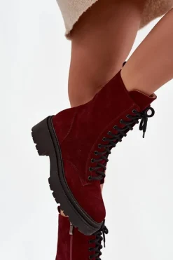 Zazoo Botki Ocieplane|Botki Skórzane*Botki Workery Damskie Z Naturalnego Zamsz Ocieplane 4213 Bordowe Czerwony