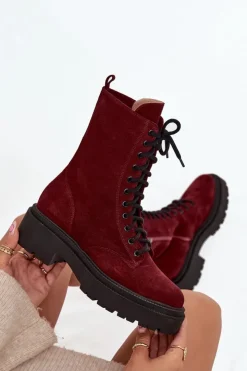 Zazoo Botki Ocieplane|Botki Skórzane*Botki Workery Damskie Z Naturalnego Zamsz Ocieplane 4213 Bordowe Czerwony