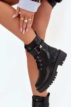 Discount Boto Botki Workery Damskie Z Ocieplane Z Ozdobnym Paskiem Czarne Ulivine