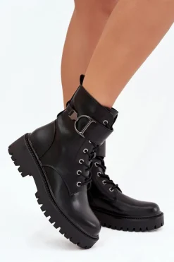 Discount Boto Botki Workery Damskie Z Ocieplane Z Ozdobnym Paskiem Czarne Ulivine