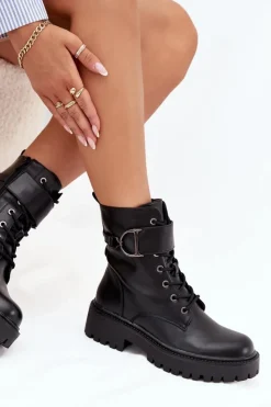 Discount Boto Botki Workery Damskie Z Ocieplane Z Ozdobnym Paskiem Czarne Ulivine