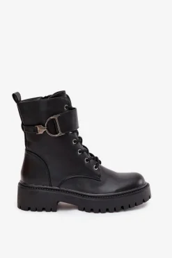 Discount Boto Botki Workery Damskie Z Ocieplane Z Ozdobnym Paskiem Czarne Ulivine