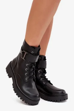 Discount Boto Botki Workery Damskie Z Ocieplane Z Ozdobnym Paskiem Czarne Ulivine