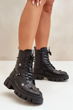 Boto Czarne Botki|Botki Płaskie*Botki Workery Damskie Z Ozdobami Eko Skórzane Czarne Cadenilla