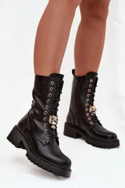 Boto Botki Sznurowane|Botki Płaskie*Botki Workery Damskie Z Ozdobą Czarne Jorayne Czarny