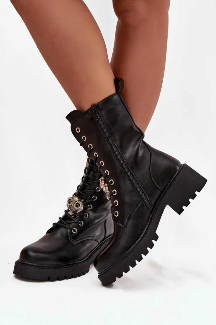 Boto Botki Sznurowane|Botki Płaskie*Botki Workery Damskie Z Ozdobą Czarne Jorayne Czarny