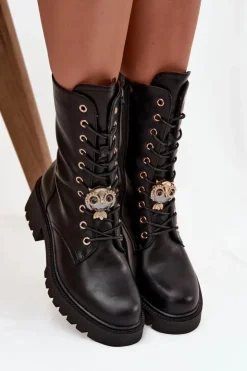 Boto Botki Sznurowane|Botki Płaskie*Botki Workery Damskie Z Ozdobą Czarne Jorayne Czarny