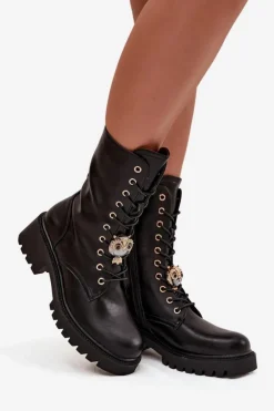 Boto Botki Sznurowane|Botki Płaskie*Botki Workery Damskie Z Ozdobą Czarne Jorayne Czarny