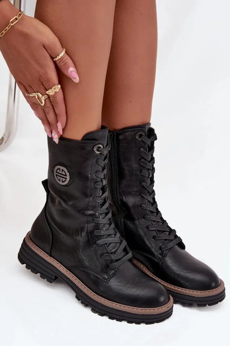 Discount Boto Botki Workery Damskie Z Ozdobnym Detalem Ocieplane Czarne Dorialine Czarny