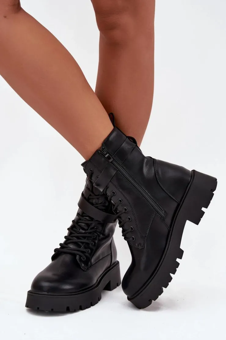 Boto Botki Ocieplane|Czarne Botki*Botki Workery Damskie Z Ozdobnym Paskiem Ocieplane Eko Skórzane Czarne Selita