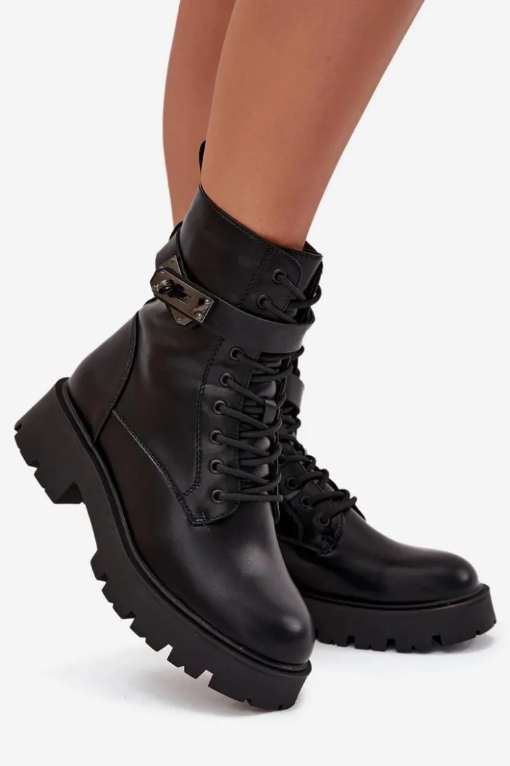 Boto Botki Ocieplane|Czarne Botki*Botki Workery Damskie Z Ozdobnym Paskiem Ocieplane Eko Skórzane Czarne Selita