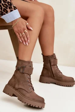 Boto Botki Ocieplane|Botki Sznurowane*Botki Workery Damskie Z Ocieplane Z Ozdobnym Paskiem Ciemnobeżowe Ulivine Beżowy
