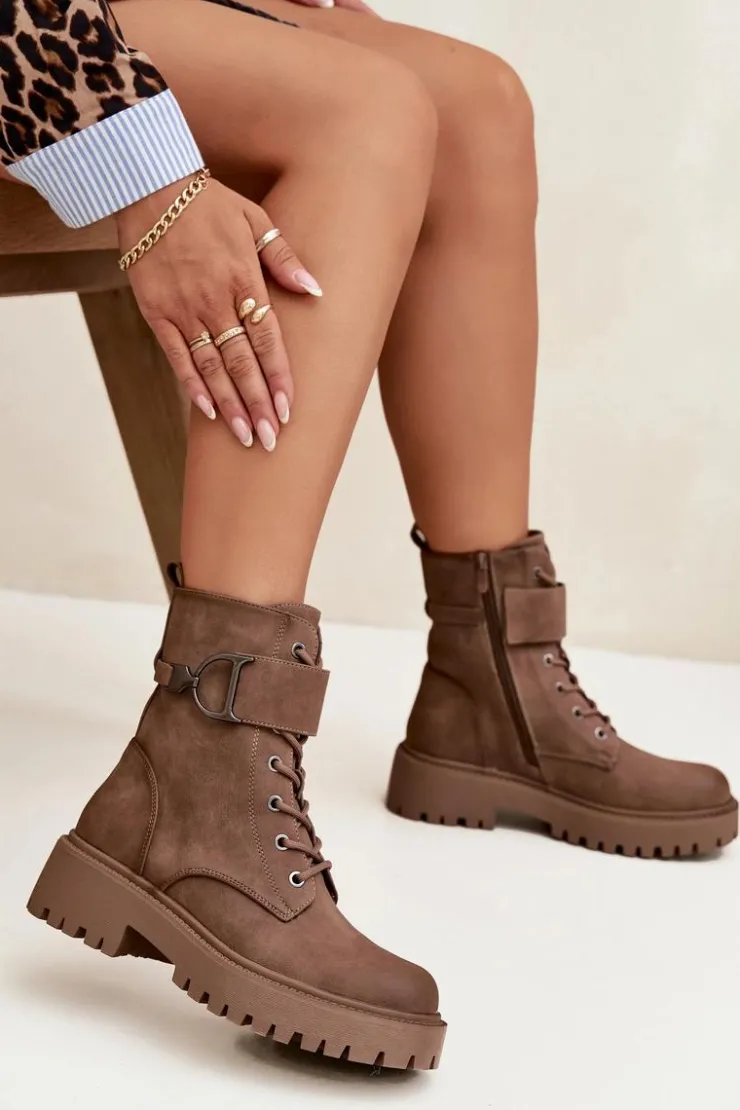 Boto Botki Ocieplane|Botki Sznurowane*Botki Workery Damskie Z Ocieplane Z Ozdobnym Paskiem Ciemnobeżowe Ulivine Beżowy