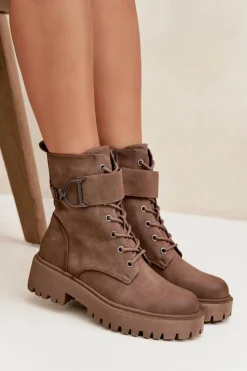 Boto Botki Ocieplane|Botki Sznurowane*Botki Workery Damskie Z Ocieplane Z Ozdobnym Paskiem Ciemnobeżowe Ulivine Beżowy