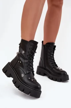 Damskie Boto Botki Workery Damskie Z Ozdobami Ocieplane Czarne Lunea