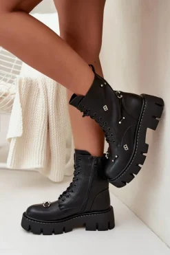 Damskie Boto Botki Workery Damskie Z Ozdobami Ocieplane Czarne Lunea