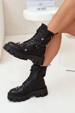 Damskie Boto Botki Workery Damskie Z Ozdobami Ocieplane Czarne Lunea