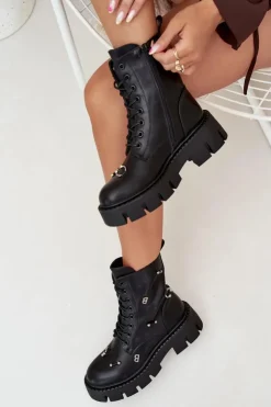 Damskie Boto Botki Workery Damskie Z Ozdobami Ocieplane Czarne Lunea