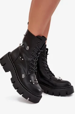 Damskie Boto Botki Workery Damskie Z Ozdobami Ocieplane Czarne Lunea