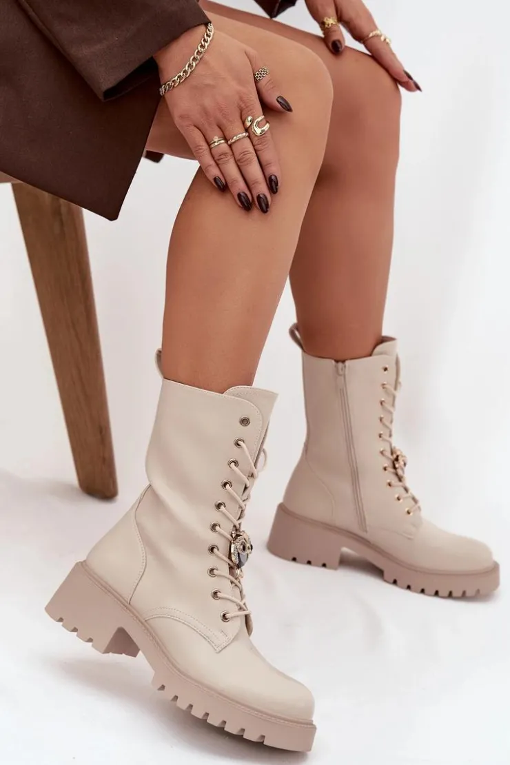 Discount Boto Botki Workery Damskie Z Ozdobą Beżowe Jorayne Beżowy