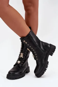 Damskie Boto Botki Workery Damskie Z Przypinkami Ocieplane Czarne Lomina