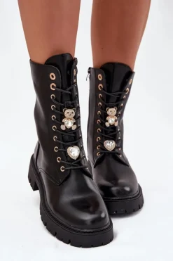 Damskie Boto Botki Workery Damskie Z Przypinkami Ocieplane Czarne Lomina