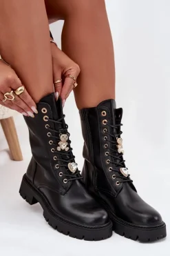 Damskie Boto Botki Workery Damskie Z Przypinkami Ocieplane Czarne Lomina