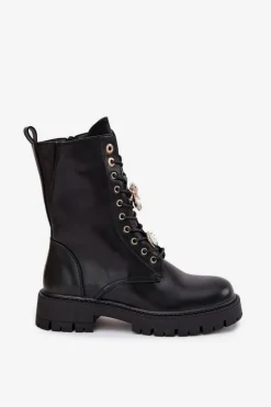 Damskie Boto Botki Workery Damskie Z Przypinkami Ocieplane Czarne Lomina