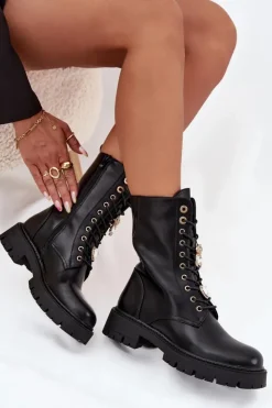 Damskie Boto Botki Workery Damskie Z Przypinkami Ocieplane Czarne Lomina