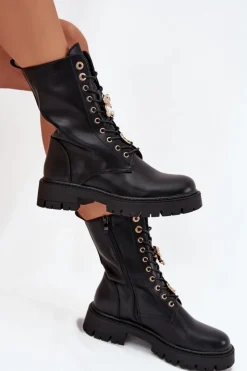 Damskie Boto Botki Workery Damskie Z Przypinkami Ocieplane Czarne Lomina