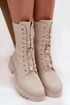 Damskie Boto Botki Workery Damskie Z Przypinkami Miś Serce Beżowe Iravine