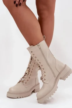 Damskie Boto Botki Workery Damskie Z Przypinkami Miś Serce Beżowe Iravine