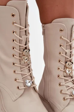 Damskie Boto Botki Workery Damskie Z Przypinkami Miś Serce Beżowe Iravine